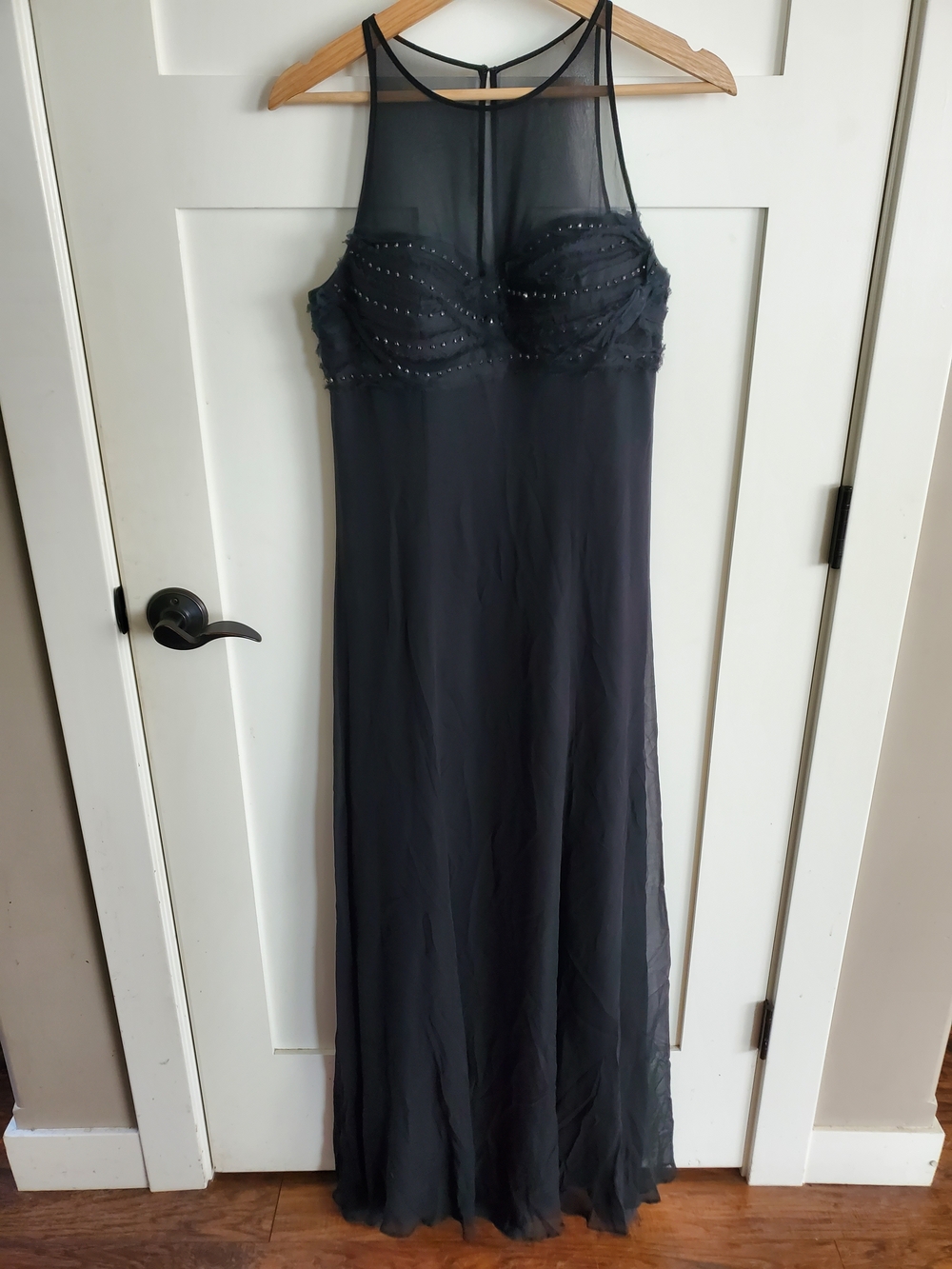 Robert Rodriguez Black Evening Maxi Dress SheerOverlay Mesh Detail Beaded Formal